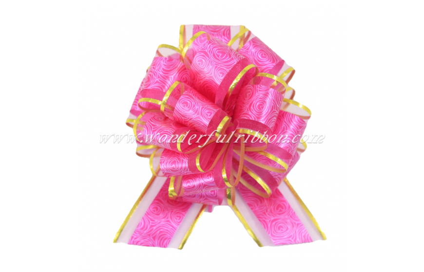 Rose Pattern Gold Trim Organza Pom Pom Pull Bow